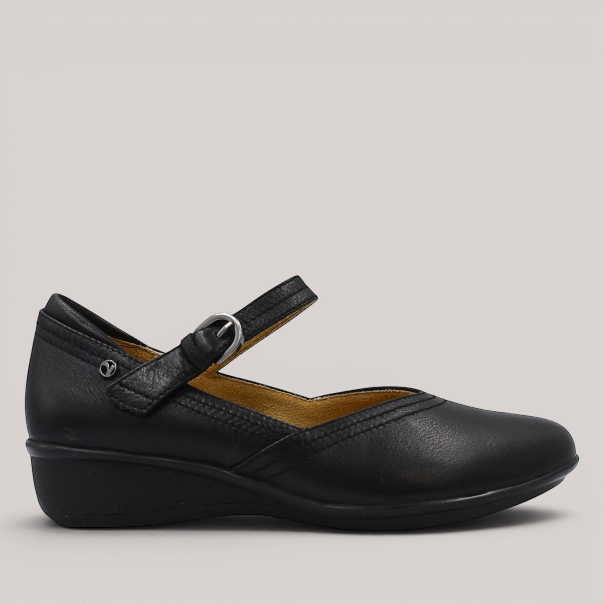 Grundy's Shoes Revere Narita black leather Mary-Jane shoe with adjustable strap and comfortable wedge heel