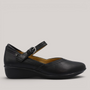 Grundy's Shoes Revere Narita black leather Mary-Jane shoe with adjustable strap and comfortable wedge heel