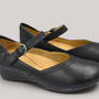 Grundy's Shoes Revere Narita black leather Mary-Jane shoes with adjustable strap and comfortable wedge heel.