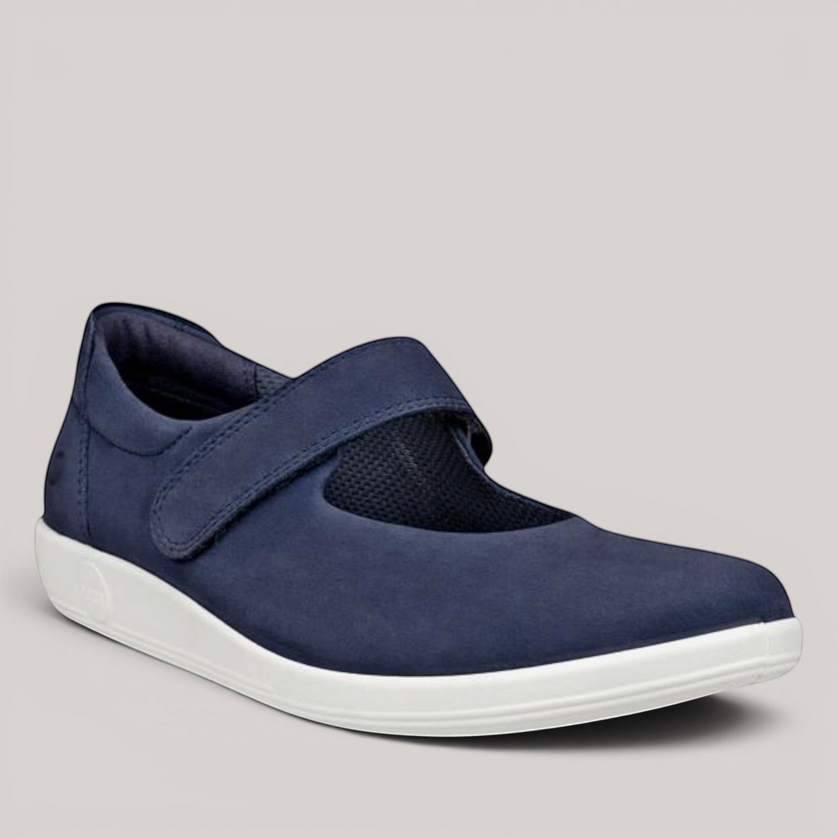 Grundy's Shoes ECCO Soft 2.0 navy blue leather Mary-Jane flat with a single strap closure and white cushioned sole.