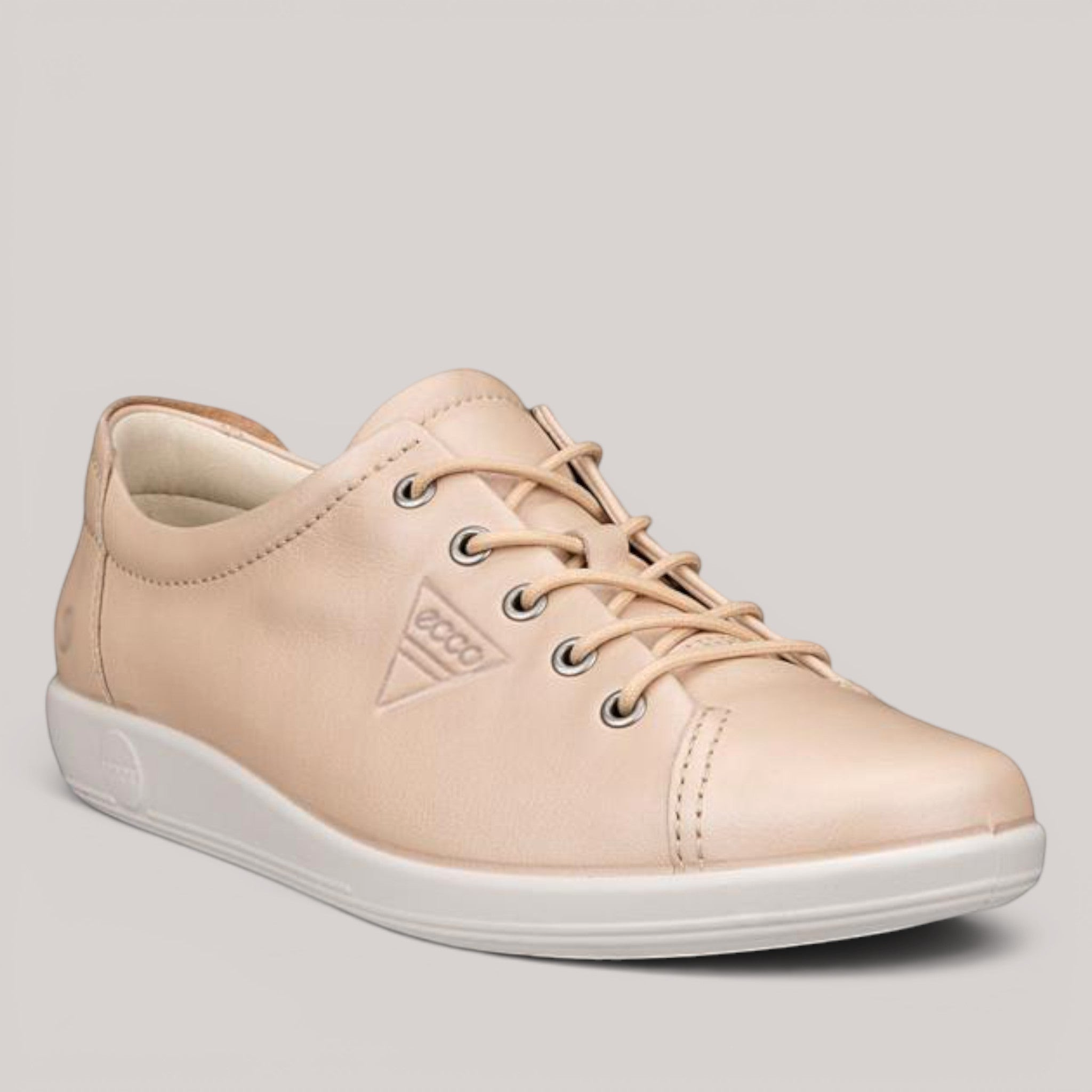 Grundy's Shoes ECCO Soft 2.0 women's beige leather lace-up sneakers with a comfortable white sole.