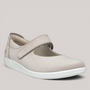 Grundy's Shoes ECCO Soft 2.0 grey leather Mary-Jane flat with a single strap closure and white comfort sole.