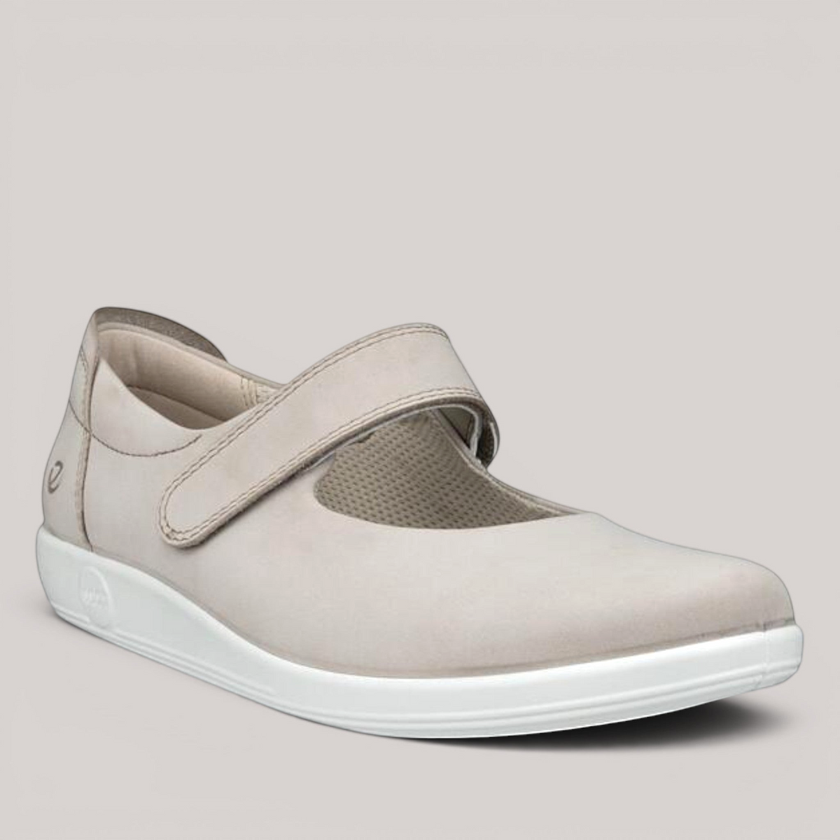 Grundy's Shoes ECCO Soft 2.0 grey leather Mary-Jane flat with a single strap closure and white comfort sole.