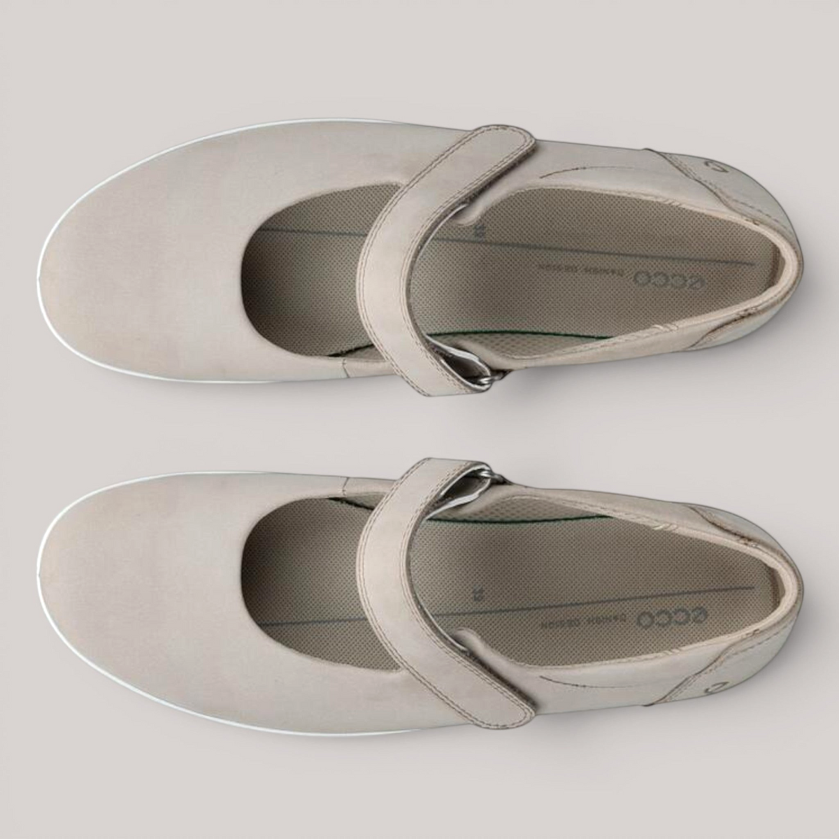 Grundy's Shoes ECCO Soft 2.0 grey leather Mary-Jane flats with a single strap closure and comfortable textile lining.