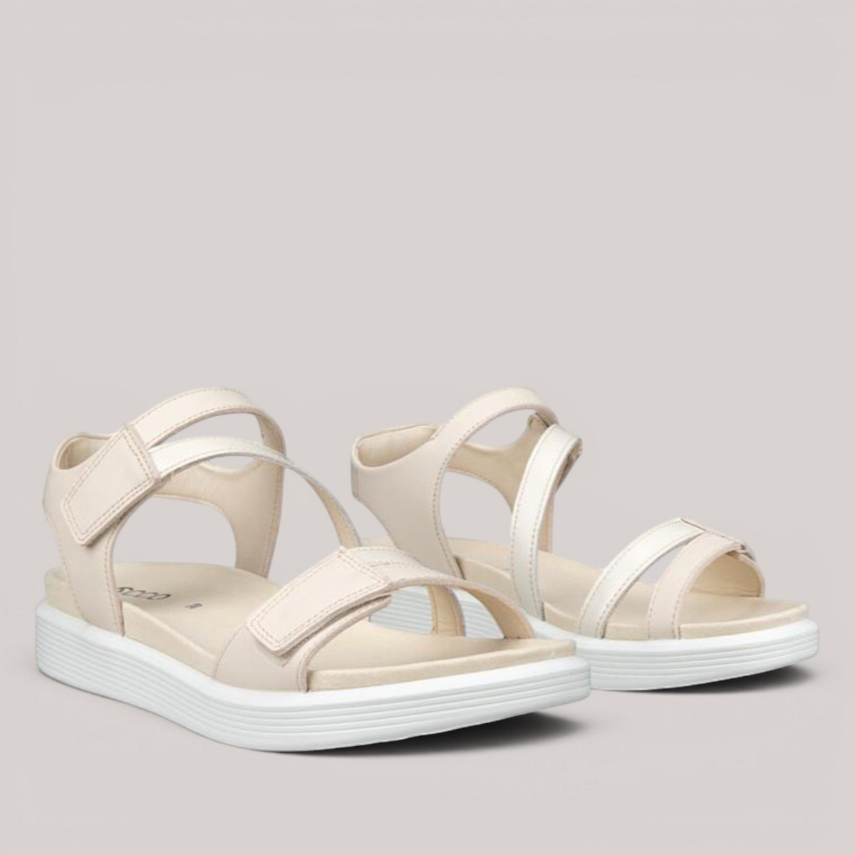 Grundy's Shoes ECCO Soft Sandal in cream leather with three adjustable straps and a cushioned white sole.