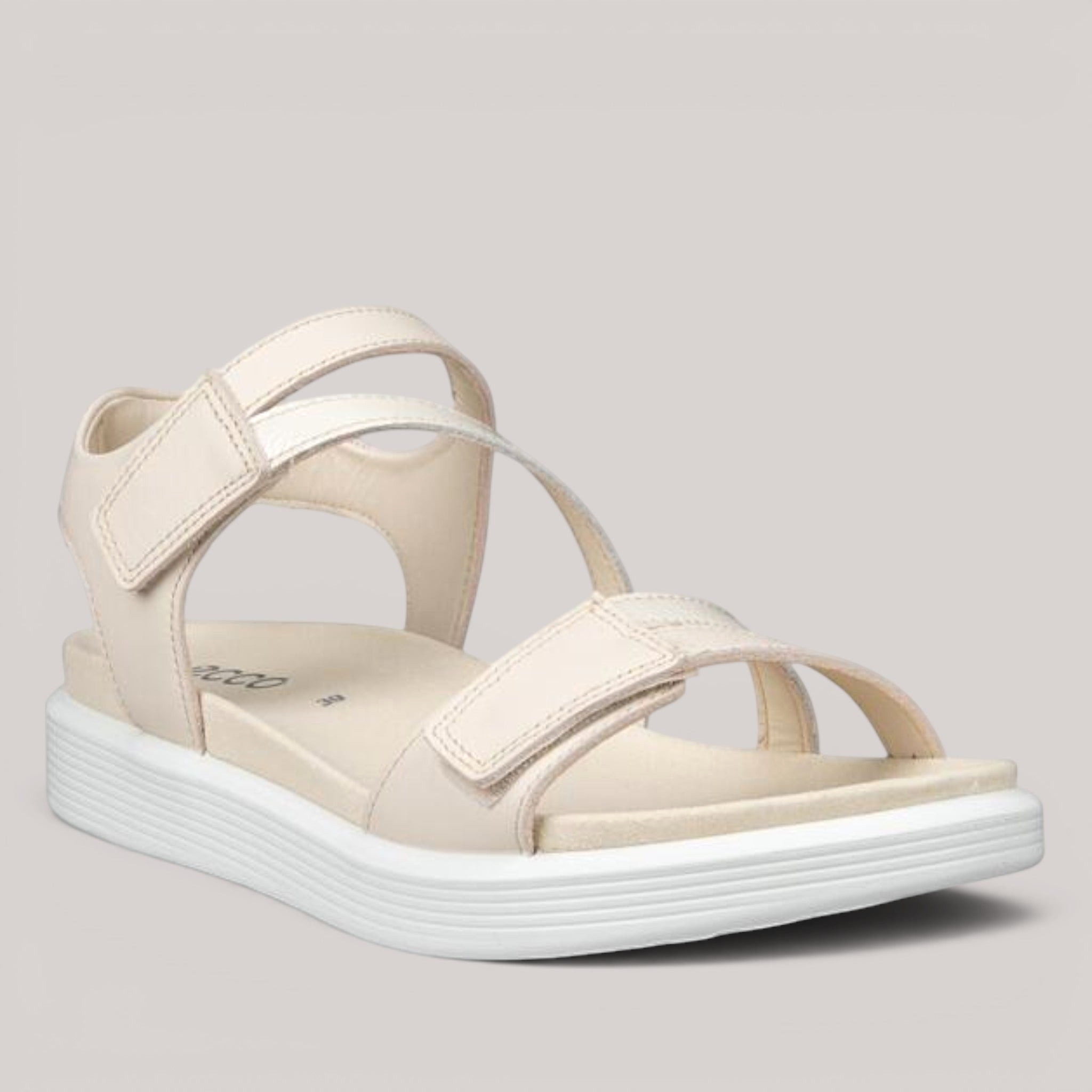 Grundy's Shoes ECCO Soft Sandal in cream leather with adjustable three-strap closure and white cushioned sole.