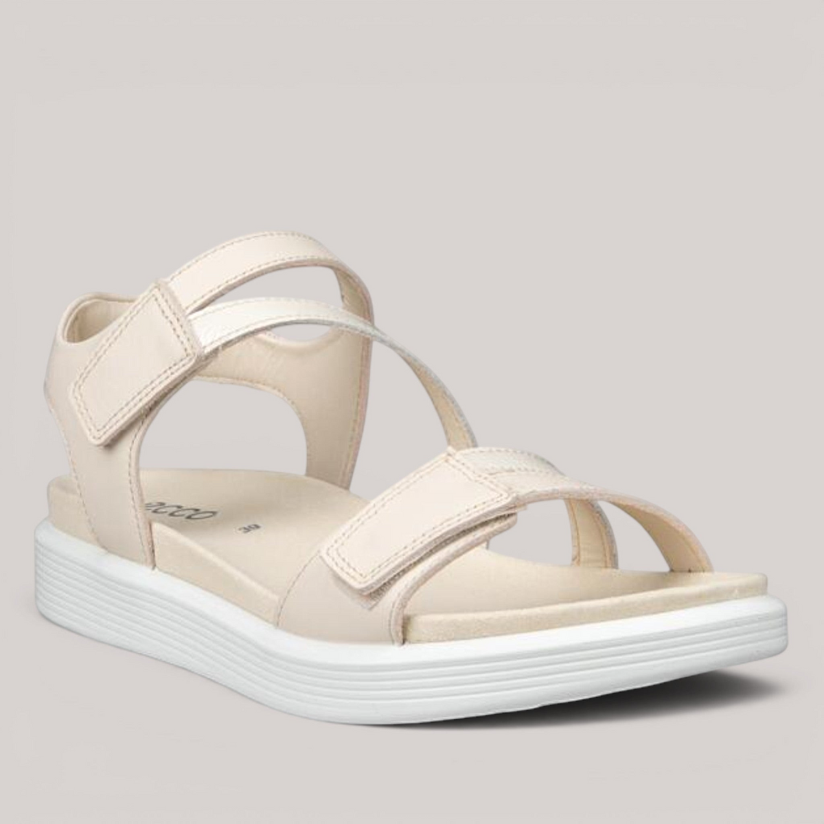 Grundy's Shoes ECCO Soft Sandal in cream leather with adjustable three-strap closure and white cushioned sole.