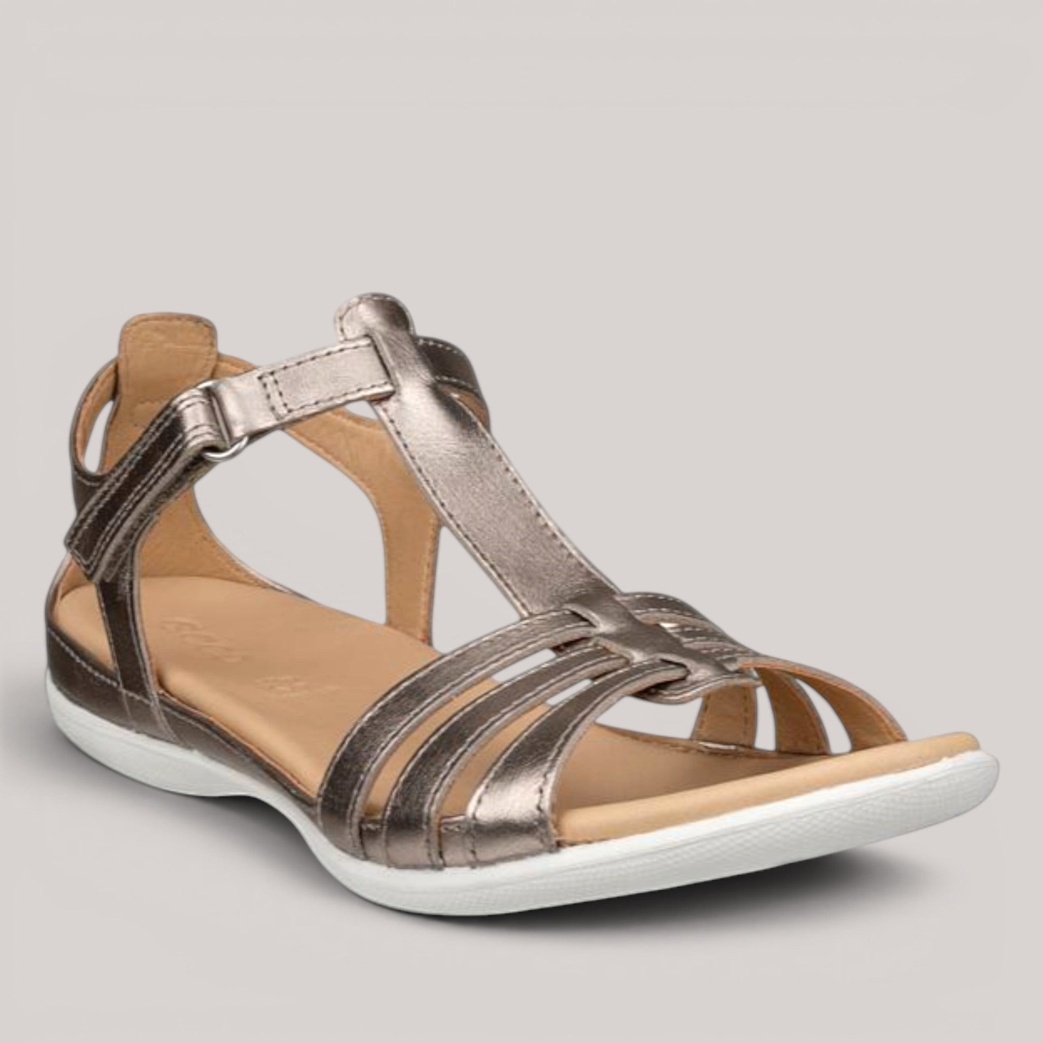 Grundy's Shoes ECCO Flash metallic bronze leather t-strap sandal with adjustable buckle and cushioned footbed