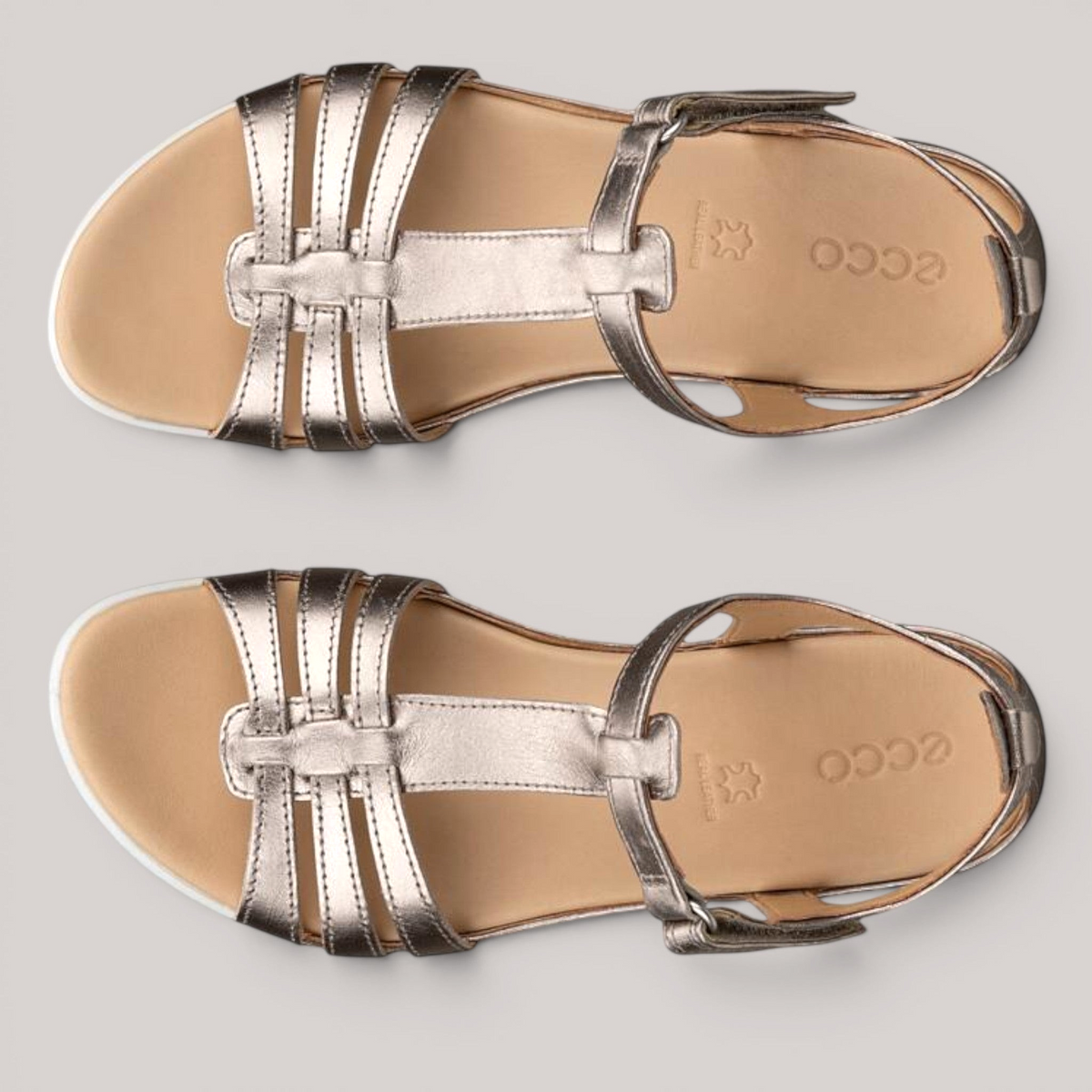 Grundy's Shoes ECCO Flash metallic silver leather sandals with adjustable straps and cushioned footbeds