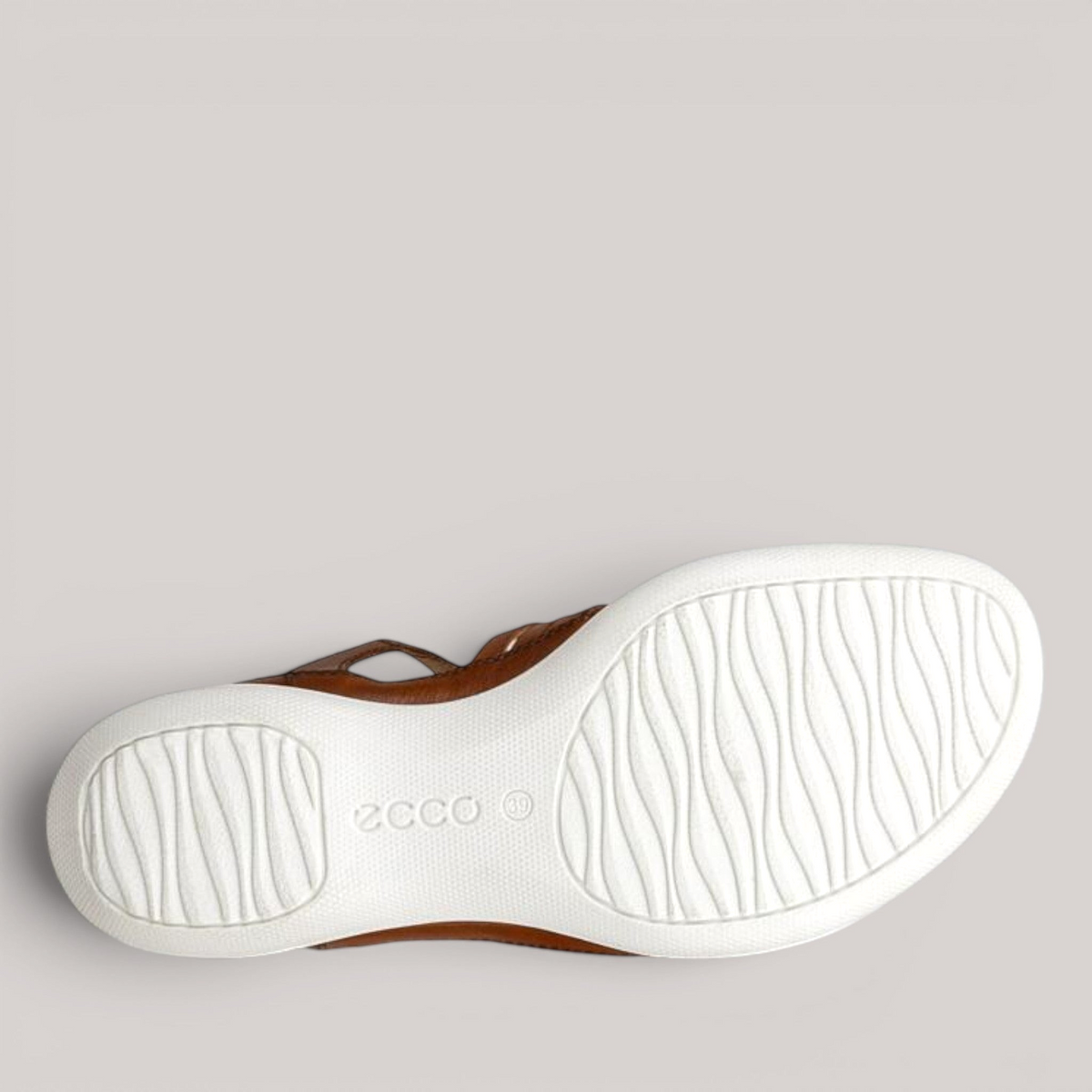 Grundy's Shoes ECCO Flash sandal showing the white textured PU outsole with wave pattern and branding
