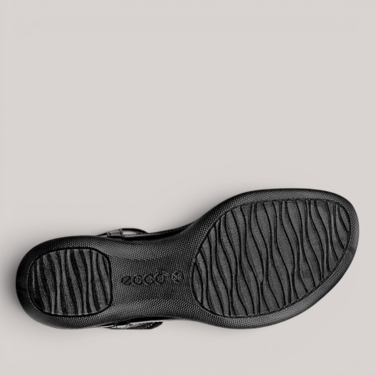 Grundy's Shoes ECCO Flash black sandal showing the textured, flexible PU outsole with wave-pattern grip
