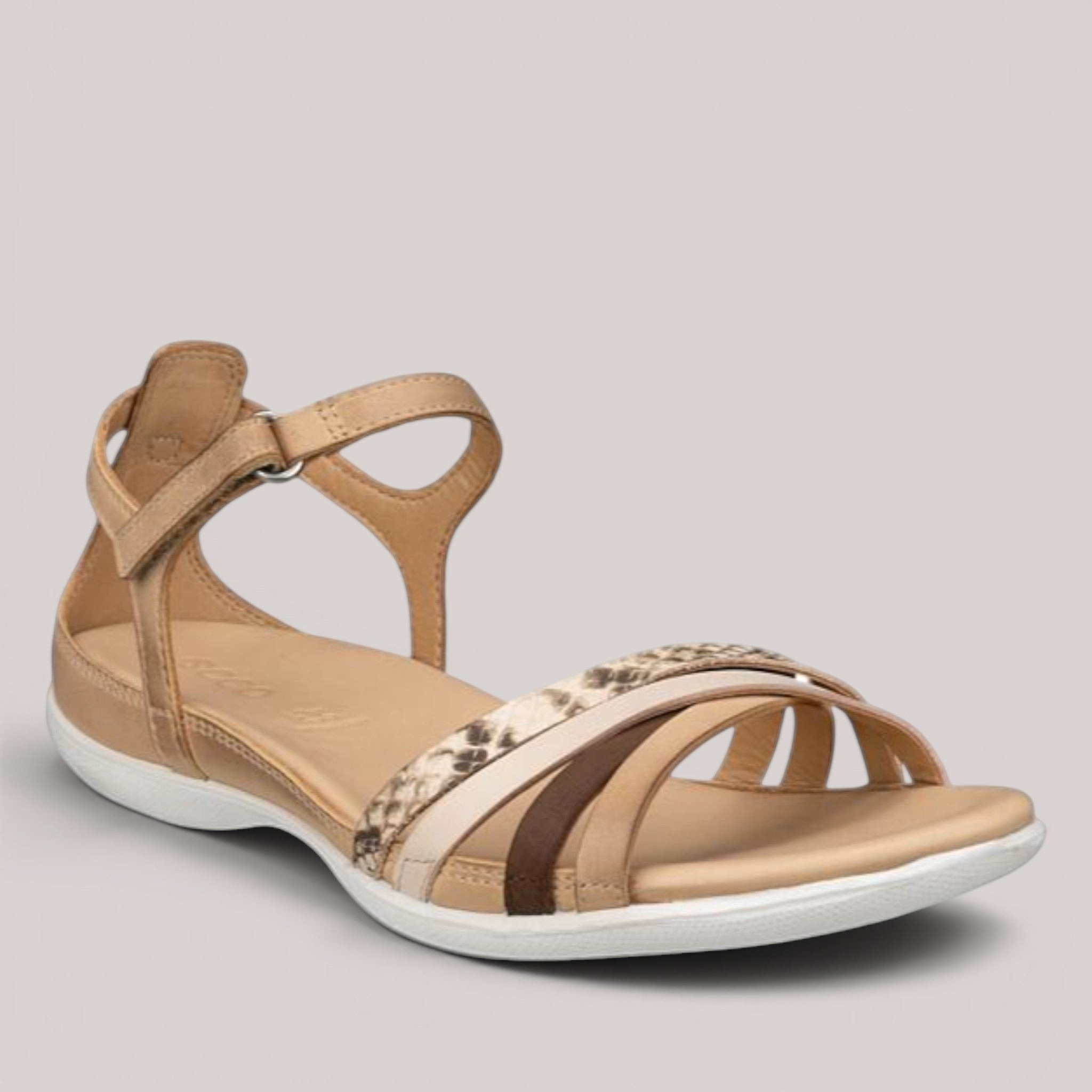 Grundy's Shoes ECCO Flash tan leather sandals with multi-strap design, adjustable ankle strap, and white sole.