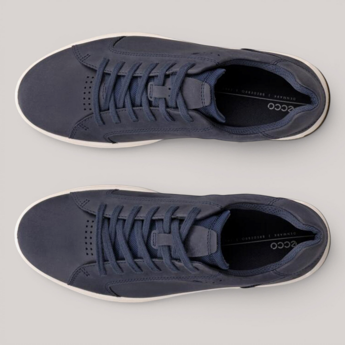 Grundy's Shoes ECCO Byway 2.0 navy blue leather sneakers viewed from above with textile laces and white rubber soles.