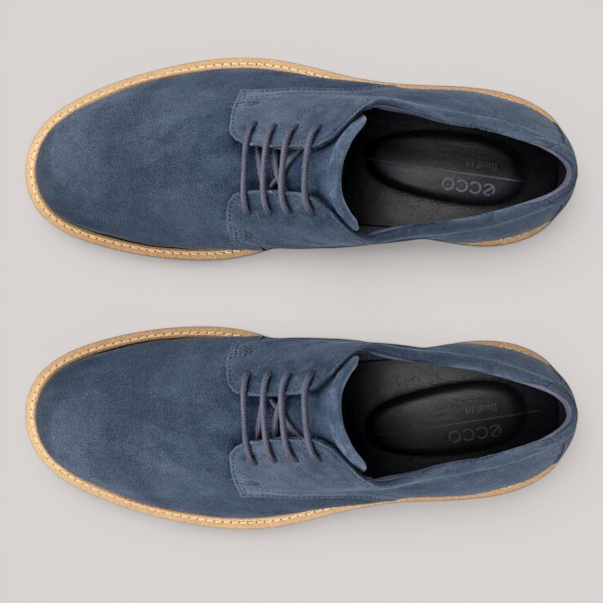 Grundy's Shoes ECCO Metropoloe London blue suede derby shoes with lace-up closure and light tan welt soles.