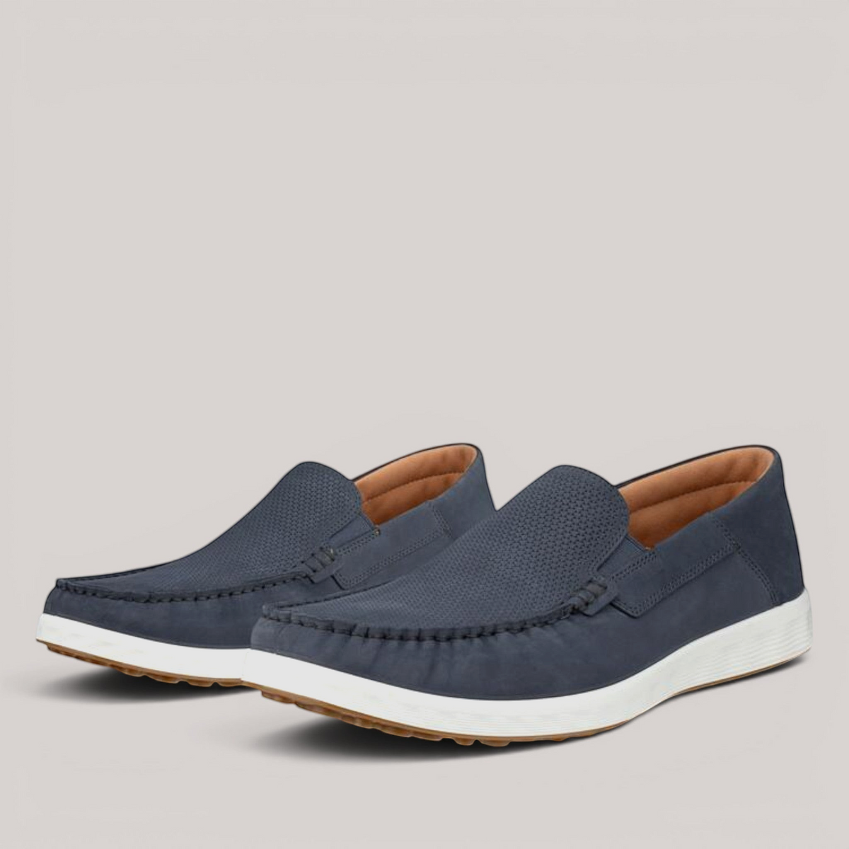 Grundy's Shoes ECCO S Lite Moc navy blue nubuck leather slip-on loafers with white flexible soles
