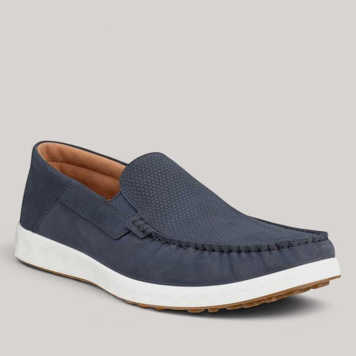 Grundy's Shoes ECCO S Lite navy blue nubuck leather slip-on moccasin with white flexible sole and perforated detail