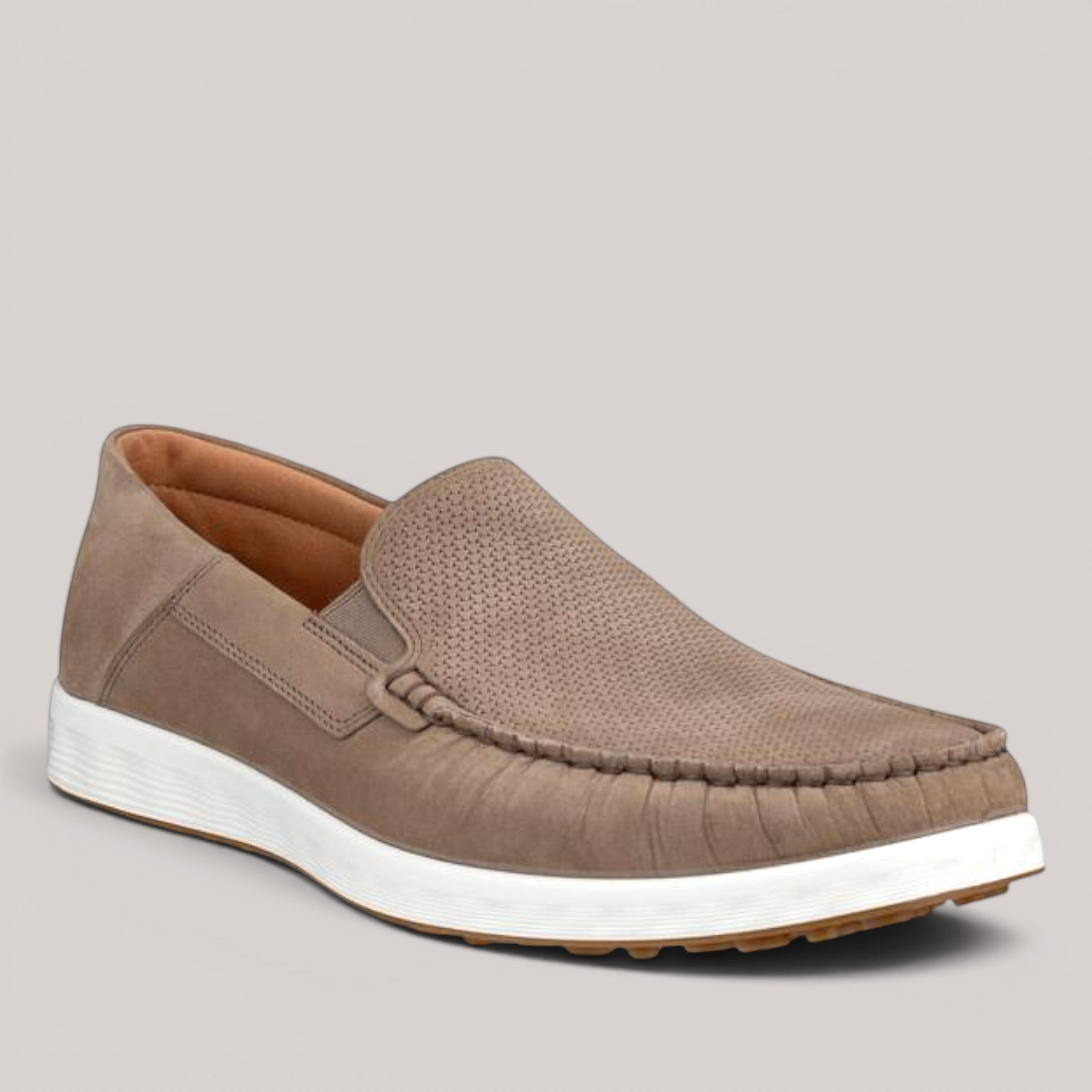 Grundy's Shoes ECCO S Lite Moc in taupe nubuck leather with perforated detail and white flexible sole.