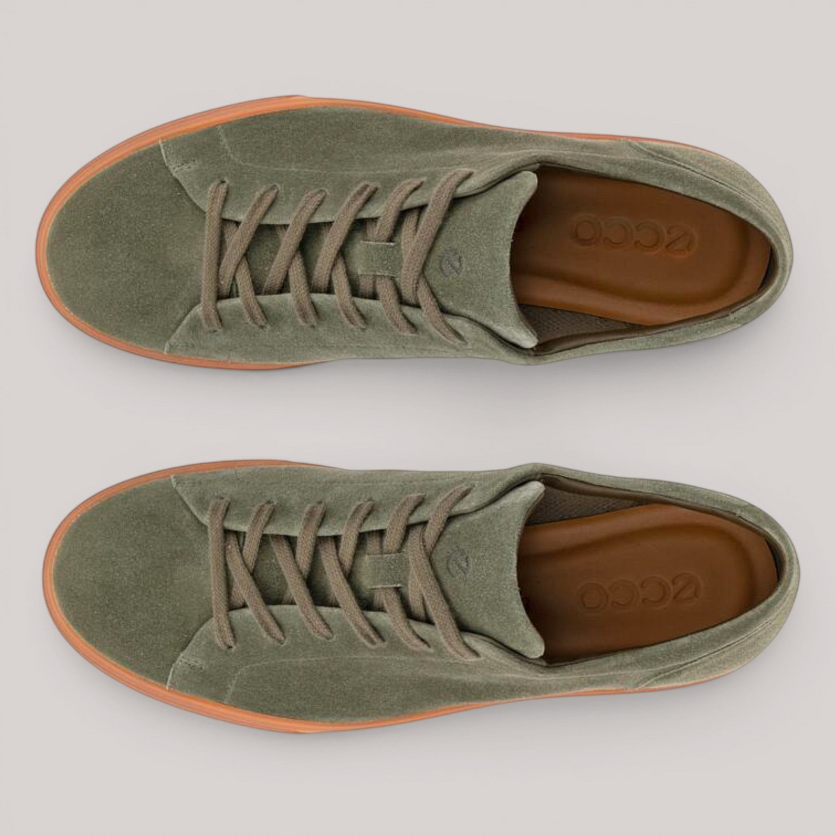 Grundy's Shoes ECCO Soft 10 men's olive green suede sneakers with lace-up closure and brown rubber soles.