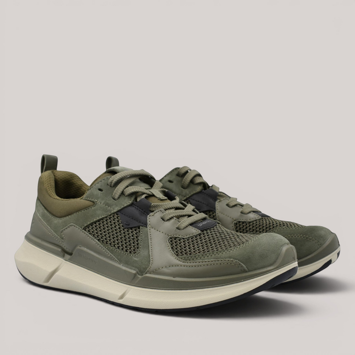 Grundy's Shoes ECCO Biom 2.2 men's olive green leather and mesh sneakers with a lightweight anatomical sole.