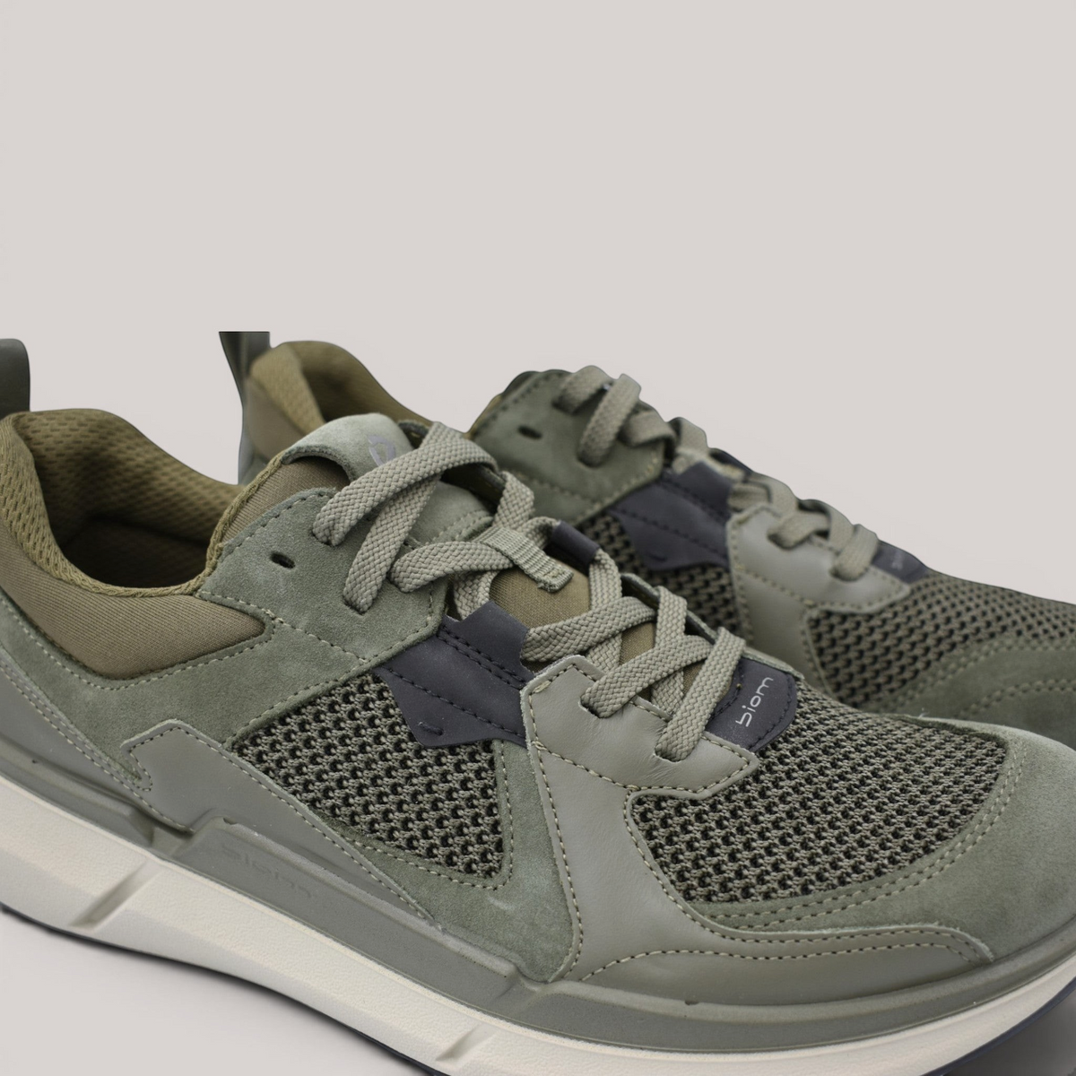 Grundy's Shoes ECCO Biom 2.2 men's sneakers in olive green leather and mesh with lightweight anatomical soles.