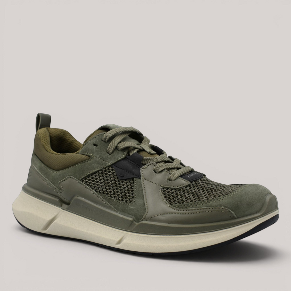 Grundy's Shoes ECCO Biom 2.2 men's olive green leather and textile sneaker with a lightweight anatomical sole.