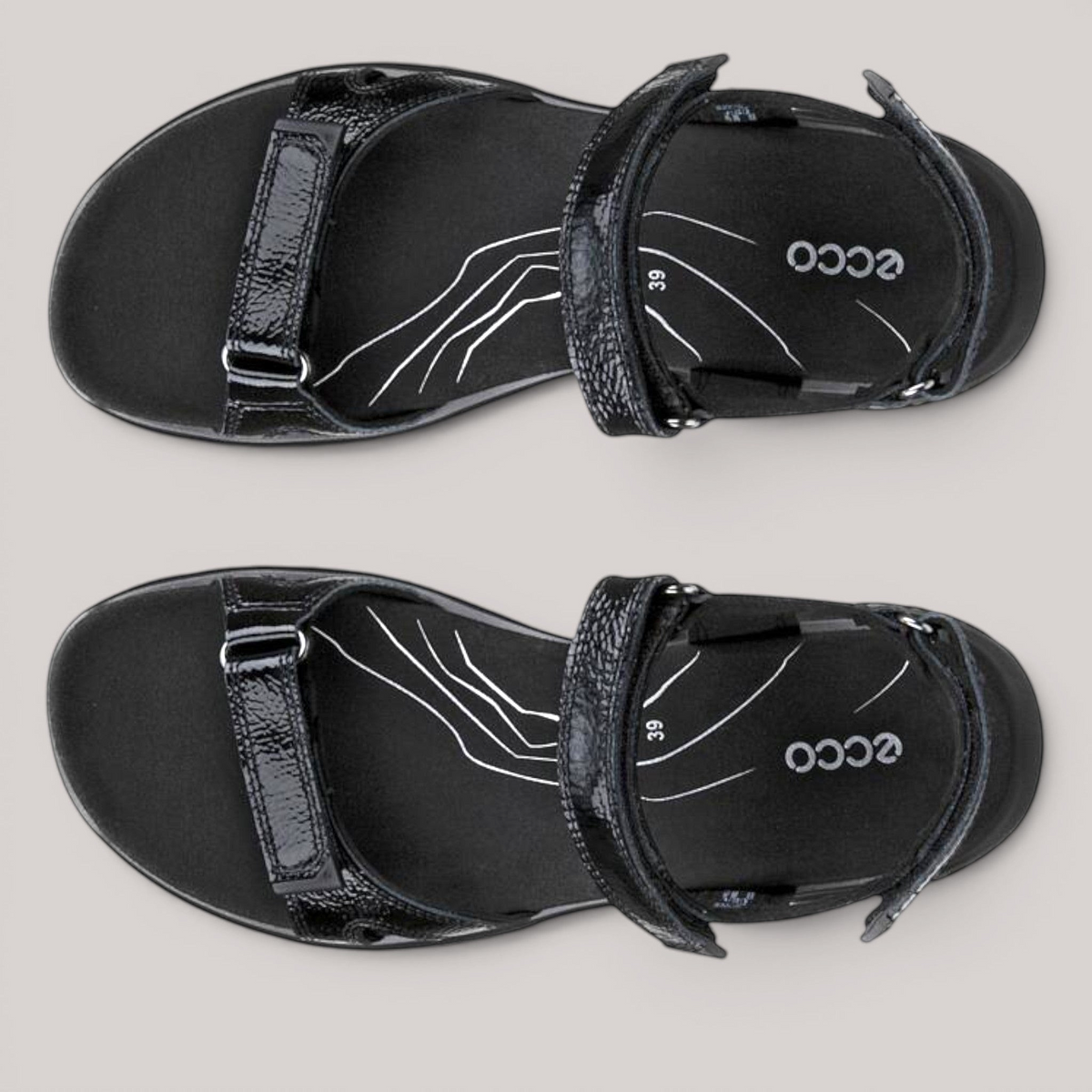 Grundy's Shoes ECCO Offroad Roam women's black sandals with adjustable straps and textured finish, top-down view.
