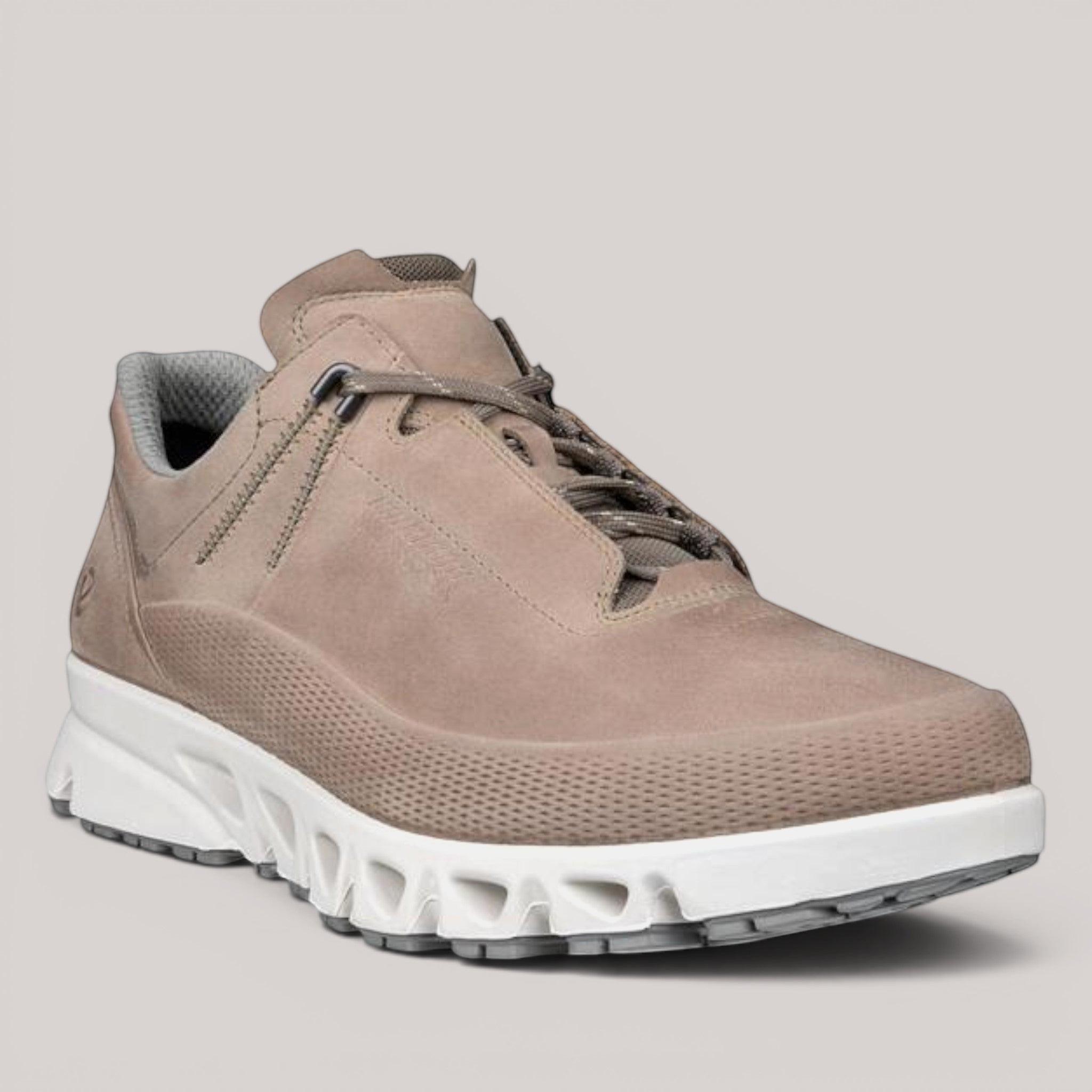 Grundy's Shoes ECCO Multi-Vent men's sneaker in taupe nubuck leather with a white GORE-TEX waterproof sole.