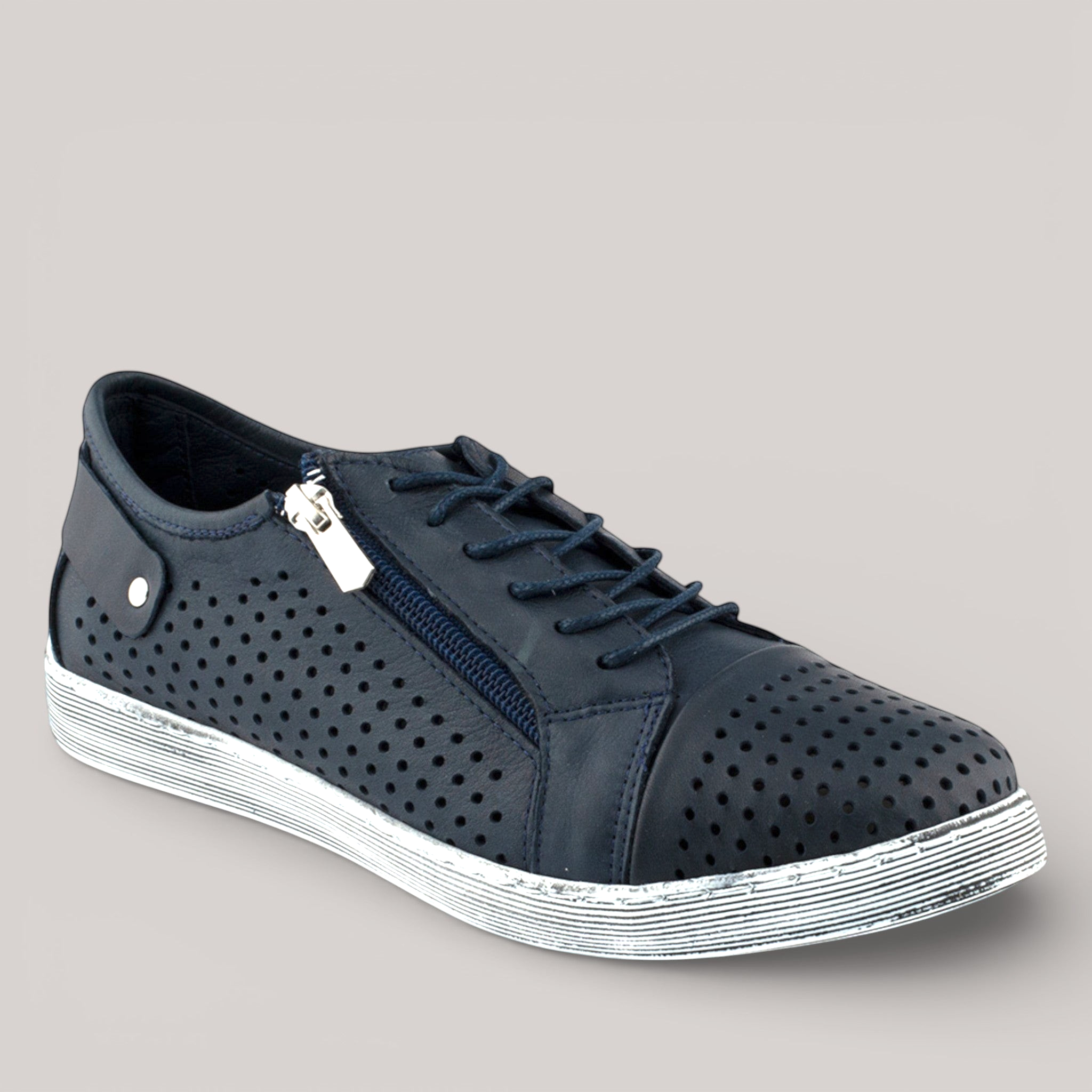 Grundy's Shoes Cabello EG17 navy blue perforated leather sneaker with side zip and lace-up closure