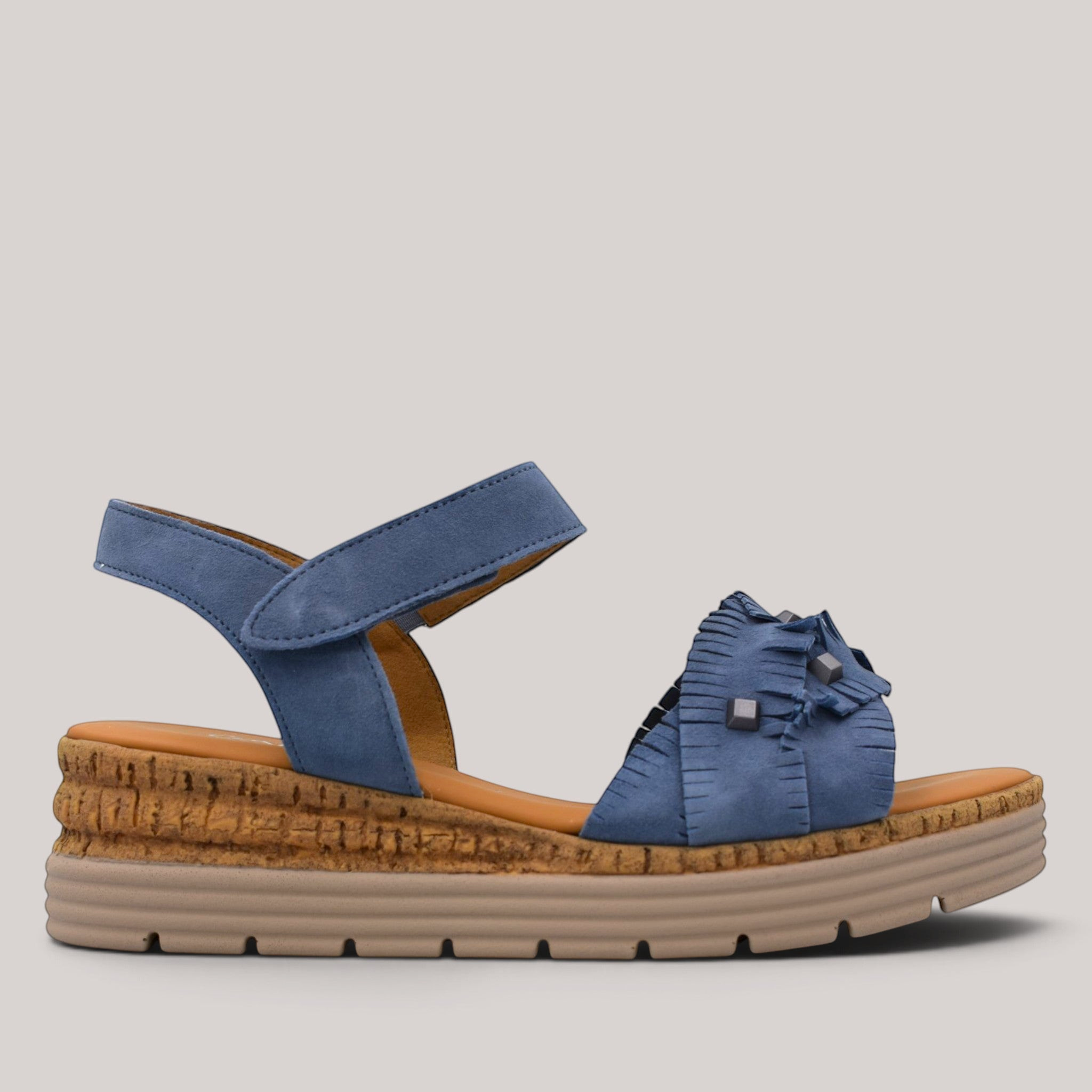 Grundy's Shoes Gabor 82704 blue suede wedge sandal with fringe detail, adjustable ankle strap, and platform sole.