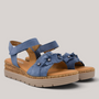 Grundy's Shoes Gabor 82704 blue suede wedge sandals with fringe detail, adjustable ankle strap, and platform sole.