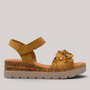 Grundy's Shoes Gabor 82704 tan suede wedge sandal with fringe detail, adjustable ankle strap, and cork platform sole.
