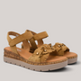 Grundy's Shoes Gabor 82704 tan suede wedge sandals with fringe detail, adjustable velcro strap, and cork platform sole.
