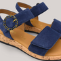 Grundy's Shoes Gabor 82734 navy blue nubuck sandals with a decorative buckle, velcro strap, and cork-look wedge sole.