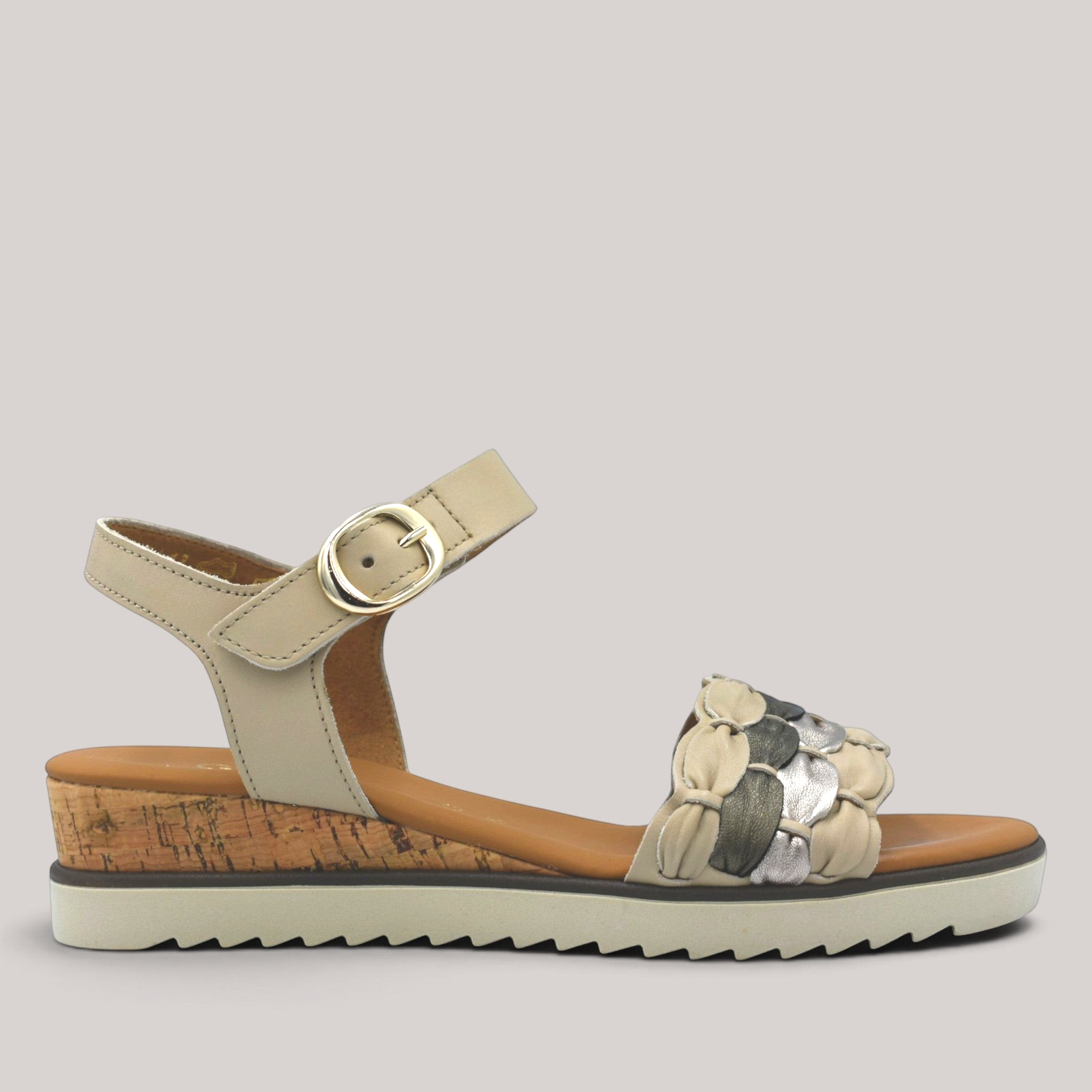 Grundy's Shoes Gabor 82758 beige leather wedge sandal with metallic braided strap and adjustable buckle closure