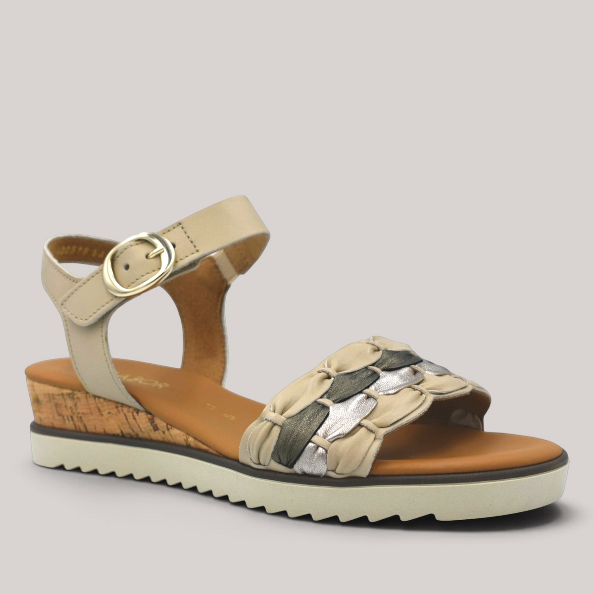 Grundy's Shoes Gabor 82758 beige leather wedge sandal with metallic woven strap detail and adjustable buckle strap.