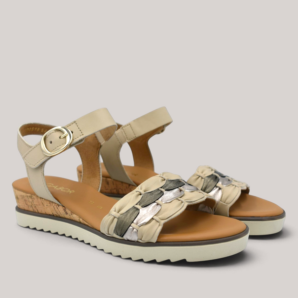 Grundy's Shoes Gabor 82758 beige leather wedge sandals with metallic braided straps and adjustable buckle closure