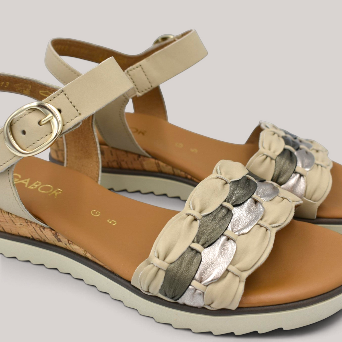 Grundy's Shoes Gabor 82758 beige leather wedge sandals with braided metallic strap detail and adjustable buckle