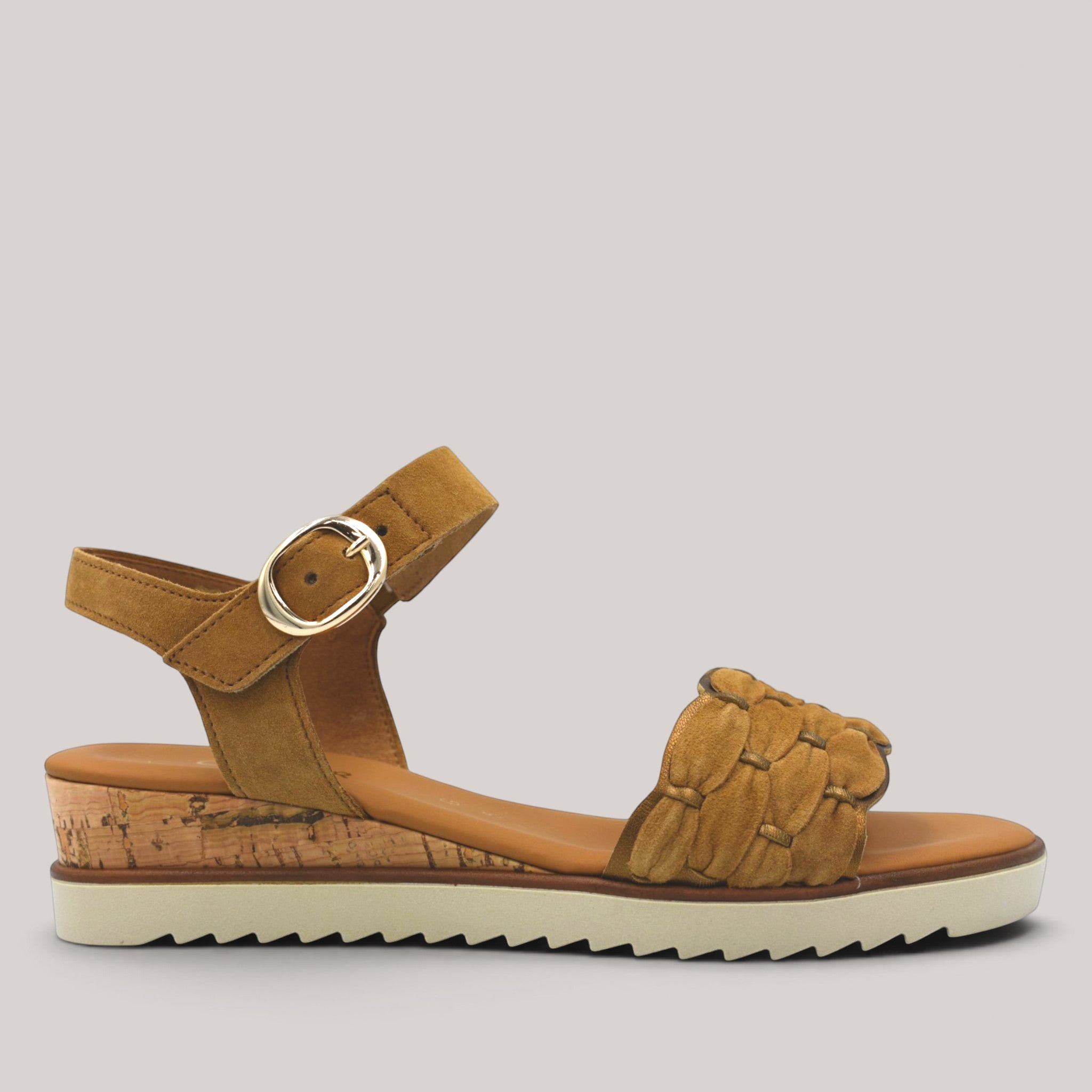 Grundy's Shoes Gabor 82758 tan nubuck wedge sandal with braided strap detail, cork-effect midsole, and buckle strap.