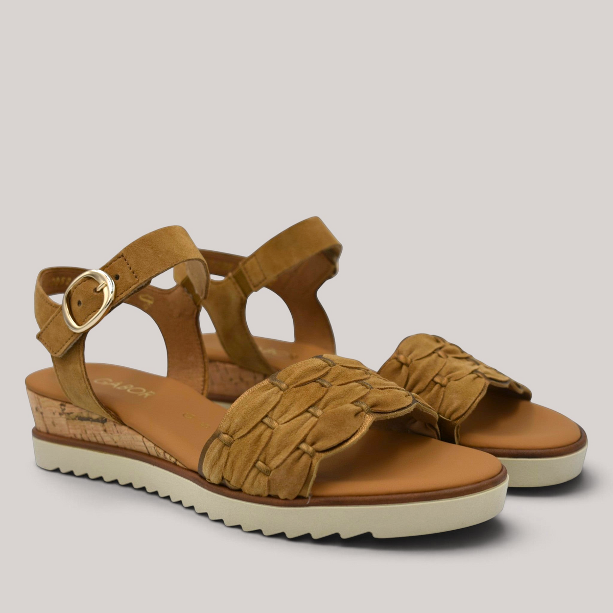 Grundy's Shoes Gabor 82758 tan nubuck wedge sandals with woven strap detail, buckle closure, and cork-effect sole.