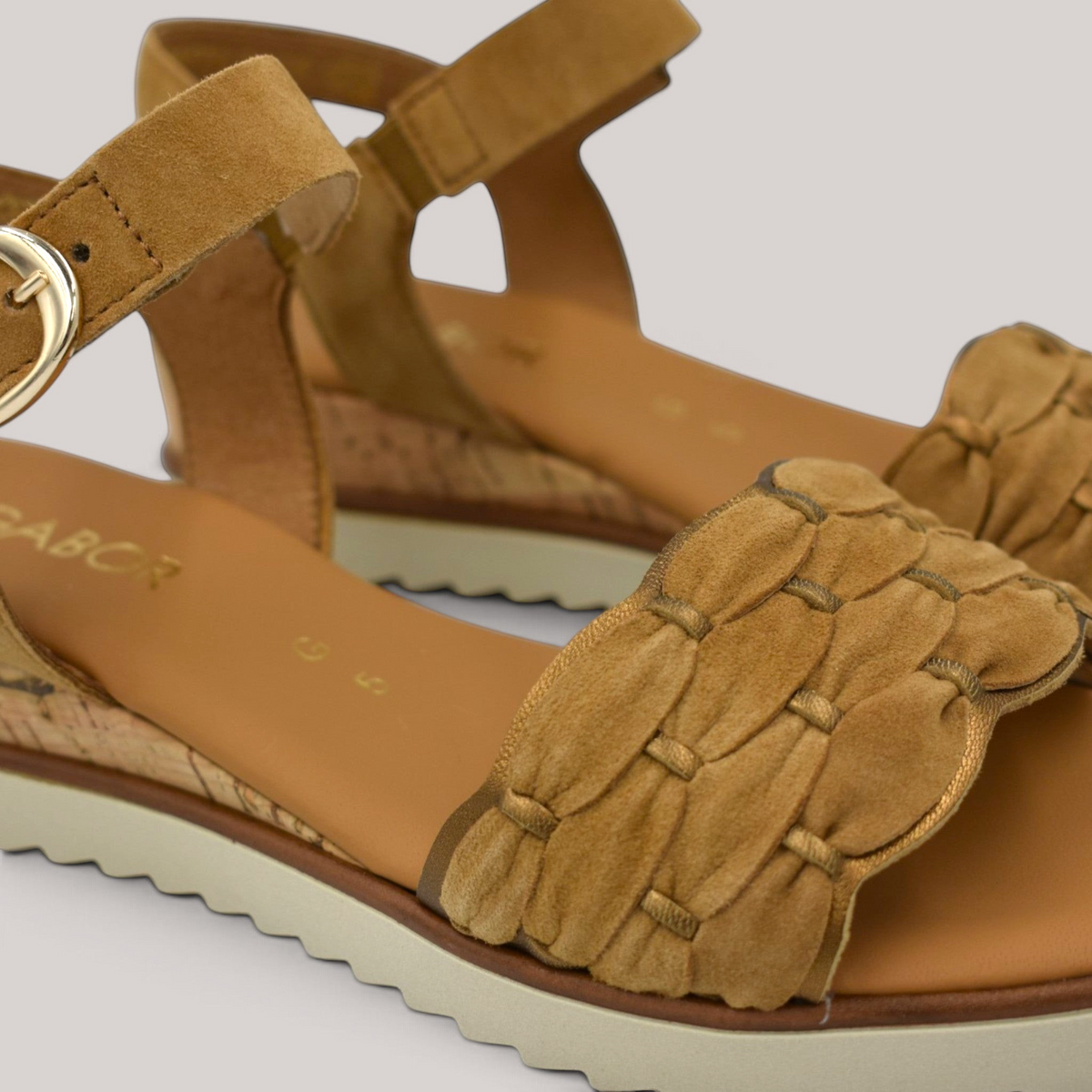Grundy's Shoes Gabor 82758 tan nubuck wedge sandals with woven strap detail, velcro ankle strap, and cork-effect sole.
