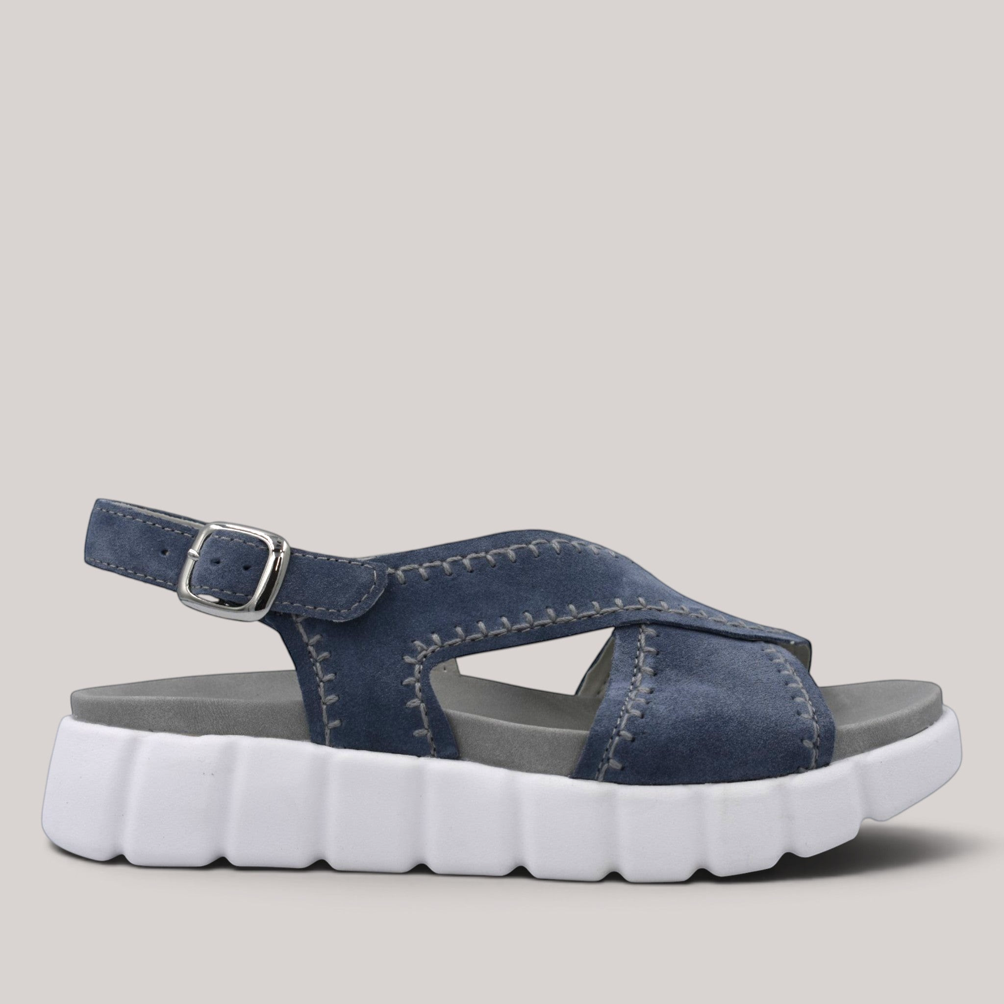 Grundy's Shoes Gabor 82891 navy blue nubuck crossover sandals with a chunky white sole and adjustable buckle strap.