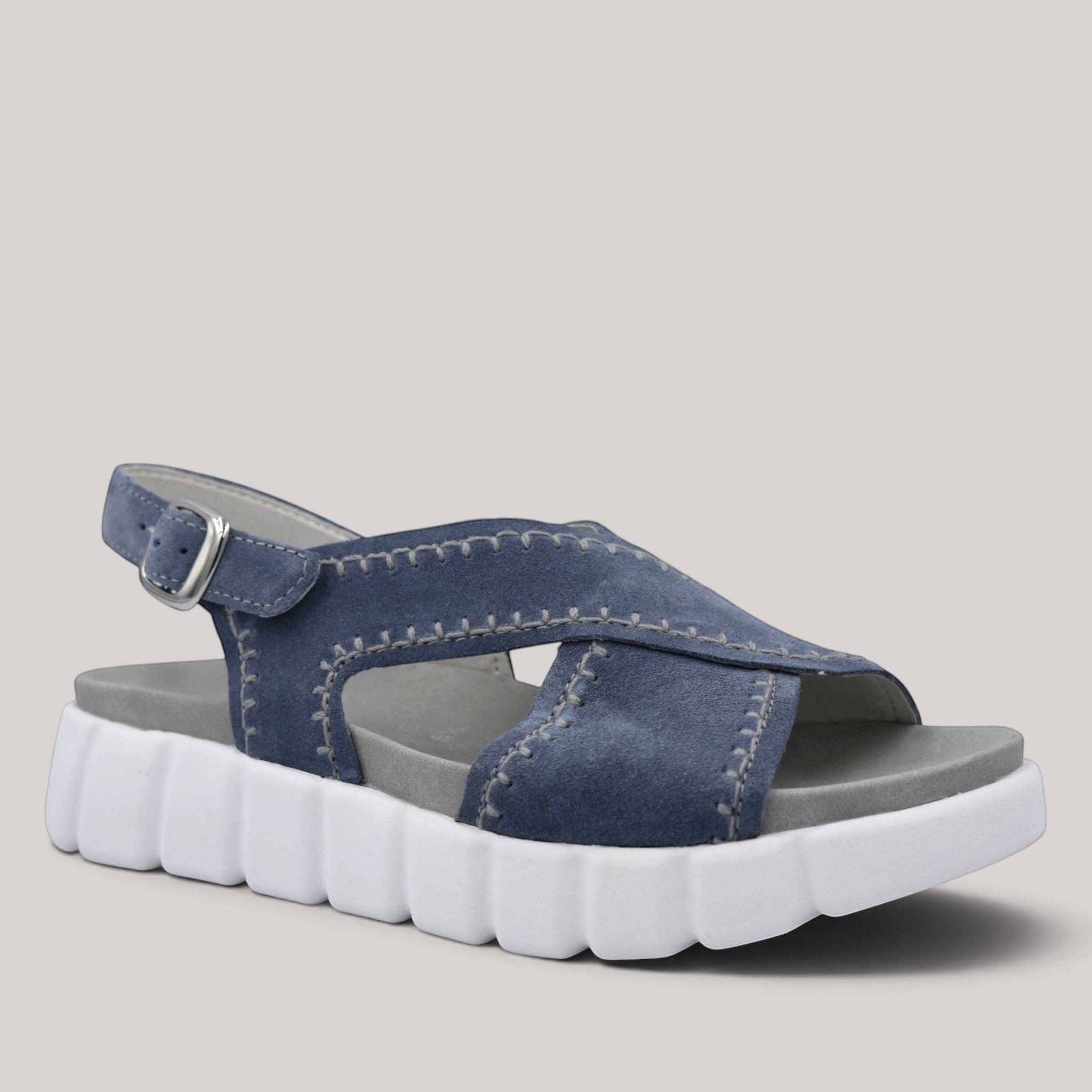 Grundy's Shoes Gabor 82891 navy blue nubuck crossover sandals with a chunky white sole and adjustable velcro strap.