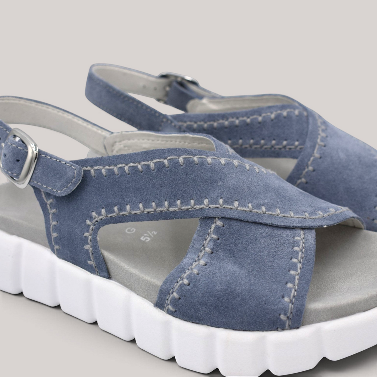 Grundy's Shoes Gabor 82891 blue nubuck crossover sandals with contrast stitching and chunky white platform sole