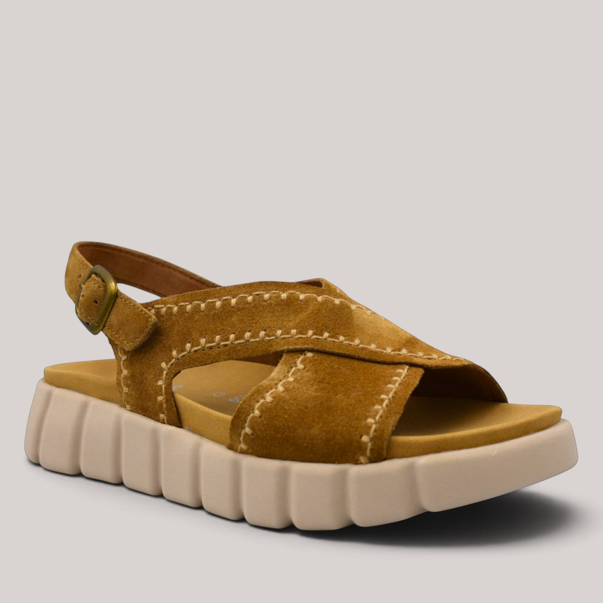 Grundy's Shoes Gabor 82891 tan nubuck crossover sandals with a chunky platform sole and velcro strap closure.