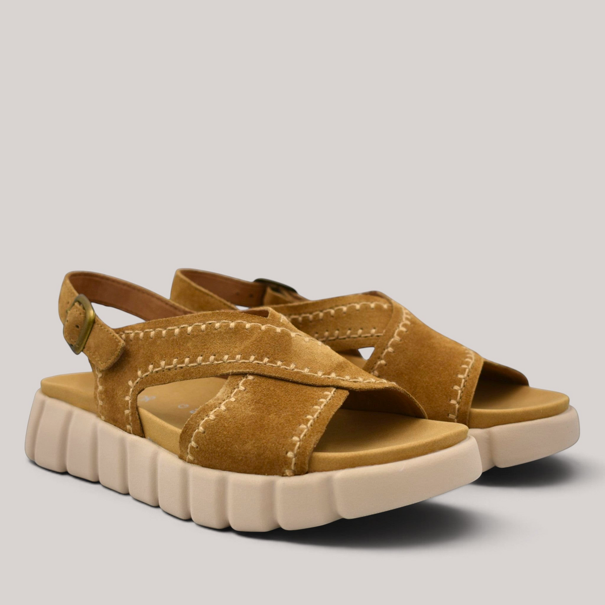 Grundy's Shoes Gabor 82891 tan nubuck crossover sandals with chunky soles and secure velcro strap