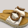 Grundy's Shoes Gabor 83745 metallic leather slide sandals with a beaded buckle and contoured footbed.