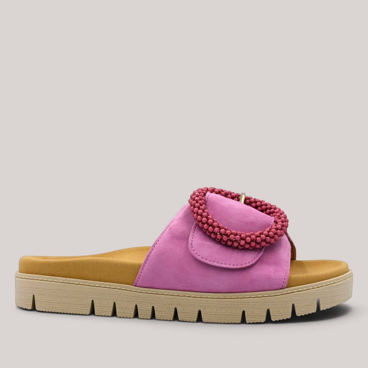 Grundy's Shoes Gabor 83745 pink nubuck leather slide sandal with a beaded buckle and contoured footbed.