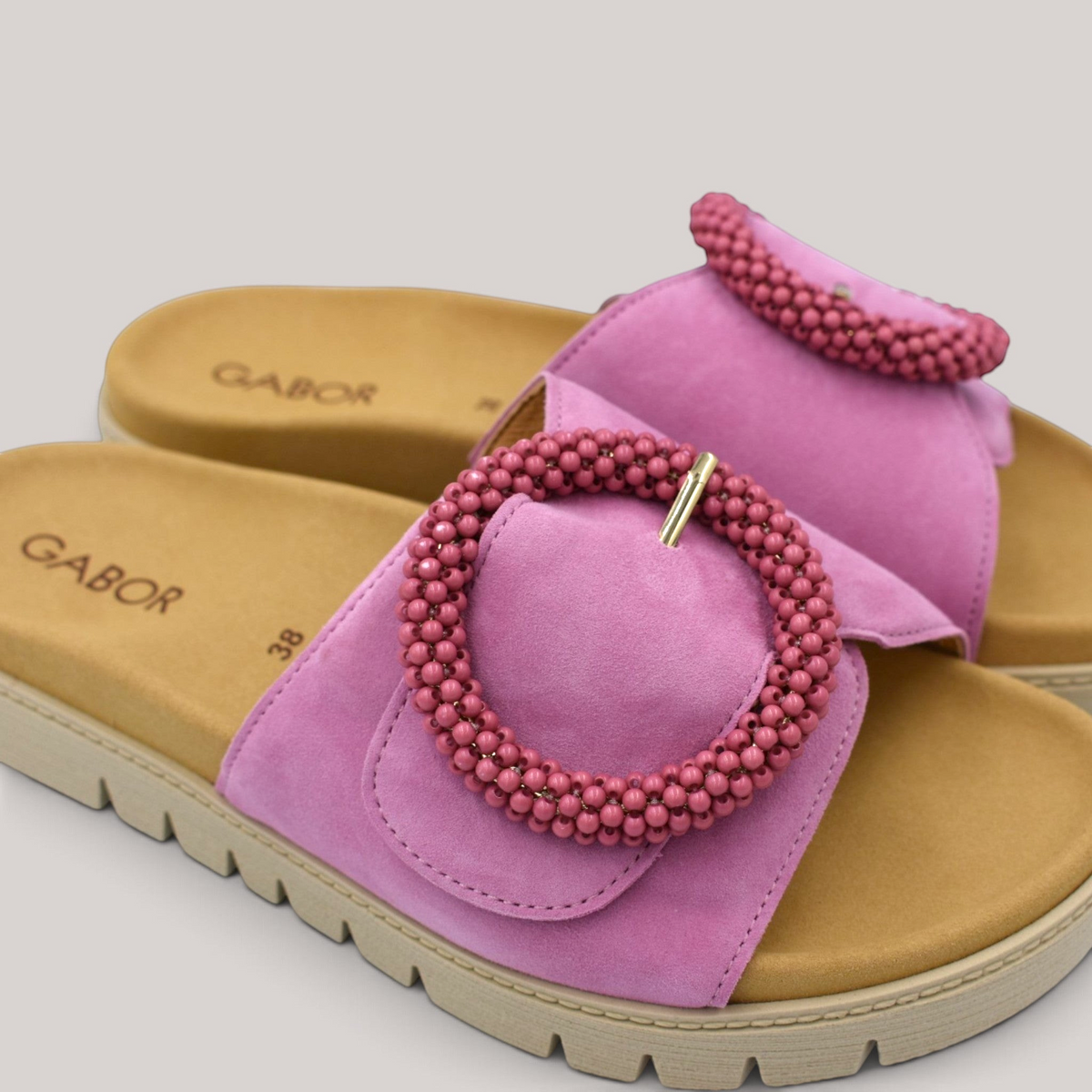 Grundy's Shoes Gabor 83745 pink nubuck leather slide sandals with a beaded buckle and contoured footbed.