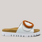 Grundy's Shoes Gabor white leather slide sandal with a tan contoured footbed and oversized beaded buckle detail.