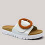 Grundy's Shoes Gabor white leather slide sandal with an orange beaded buckle and contoured footbed.